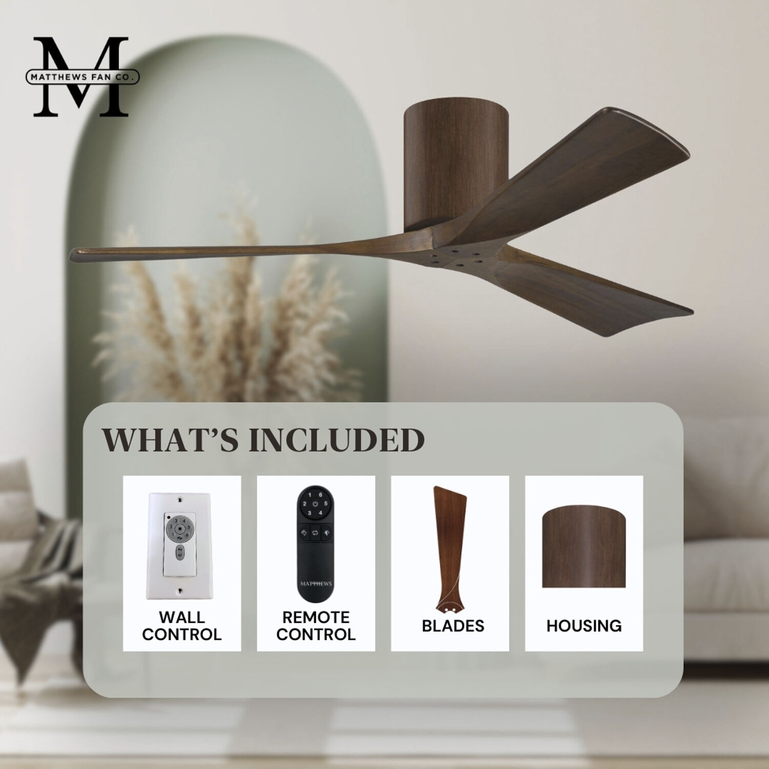 Atlas Irene-3H 52 inch Walnut Tone Flush Mount Paddle Fan, Flush Mounted